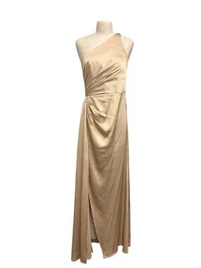 Azazie Champagne One-Shoulder Gown A10 Draped Design With Side Slit Polyester Sh